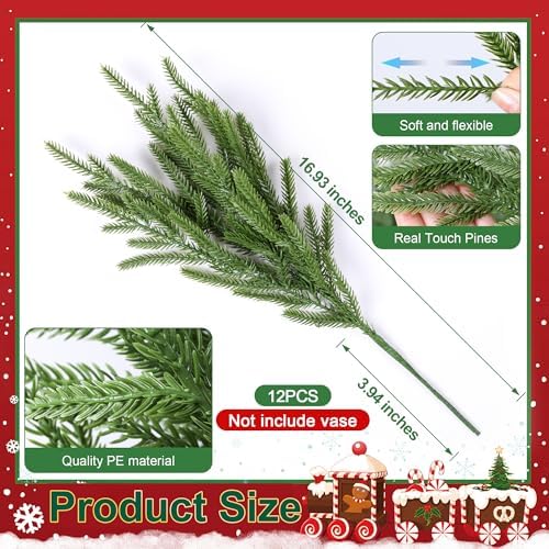 HyeFlora 17 PCS Christmas Norfolk Pine Stems with Small Pinecones and Red Berries Branches,19 Inch Real Touch Artificial DIY Greenery Pine Needles, Faux Cedar Pines Picks for Wreath Garland Xmas Décor