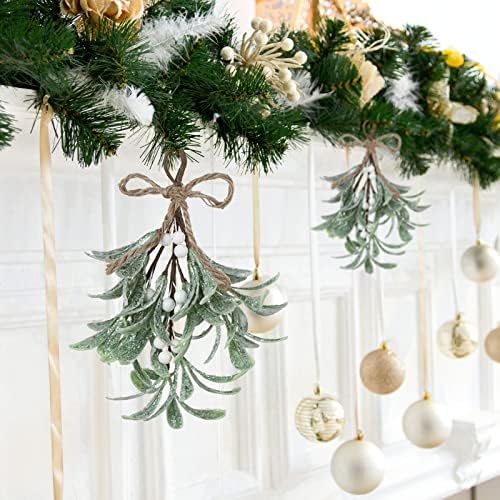 9.1inch Artificial Hanging Mistletoe, Artificial Mistletoe Picks Christmas Mistletoe Ornament with White Bow, Mistletoe Glitter Hanging for Couple Home Party Decor(#2)