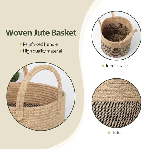 Round Wicker Basket with Handle, 12.5" Woven Jute Plant Basket for 11" Pot, Indoor Boho Artificial Tree Planter, Decorative Flower Pot Cover, Rustic Holder for Plants, Shoe Towel Bin, Black Stripes