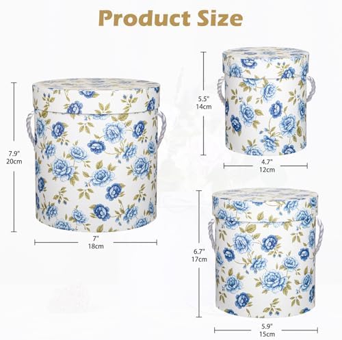 Hollyone White and Blue Gift Box with Lids Set of 3 Round Nesting Gift Boxes for Presents 3 Assorted Sizes Flowers Arrangements Garden Box for Gift Giving Thanksgiving Mom Gifts Present Wrapping
