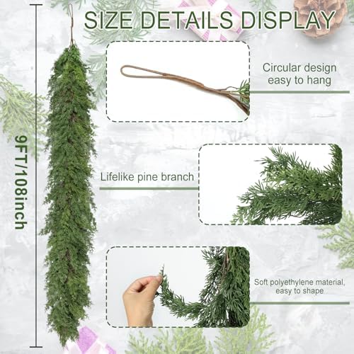 Artgar 9 Ft Christmas Cedar Garland - Realistic Greenery Cypress Garlands