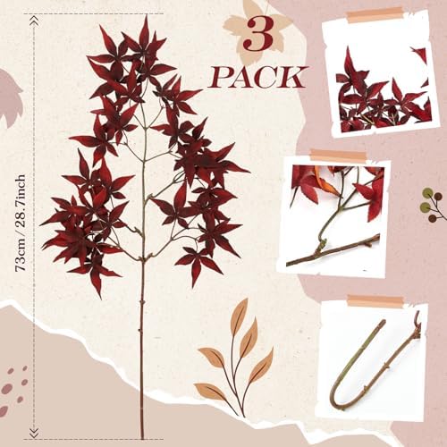 Janinka 3 Pcs 29" Artificial Japanese Maple Stem Fall Foliage,Dark Red