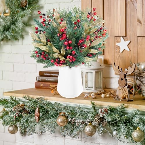 Winlyn 70 Pcs Assorted Christmas Greenery Stems Artificial Pine Branches Evergreen Cedar Picks Red Berry Stems Pine Needles Glitter Leaf Sprays 5.9"-12.7" for Holiday Trees Floral Arrangements Wreaths