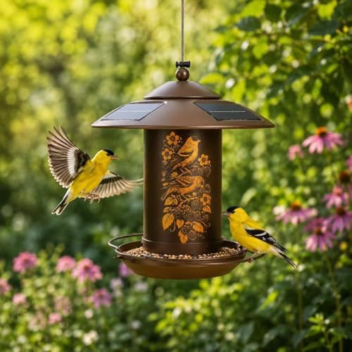 AVINEL Solar Lantern Bird Feeder – Solar-Powered Outdoor Hanging Wild Bird Feeder with Decorative Garden Lantern Design (Dark Brown, Goldfinch/BlackBerry)