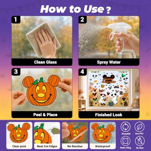 Halloween Window Clings, 8 Sheet Cute Themed Pumpkin Spider Halloween Party