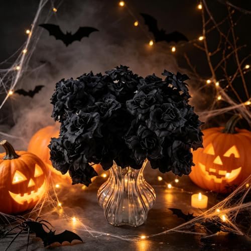 RONYOUNG 55PCS Artificial Mini Roses with Stems, Silk Fake Flower Heads, 1.77 Inch, Black, for Wedding, Halloween, Crafts, Home Decor