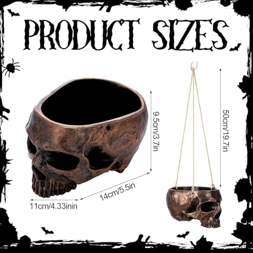 2 Pack Bronze Halloween Hanging Skull Planter with Rope