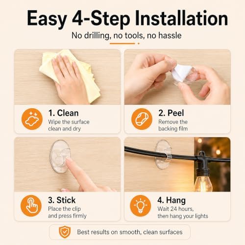 Outdoor String Lights Adhesive Hooks - 20Pcs Clips 3X Stronger Adhesion