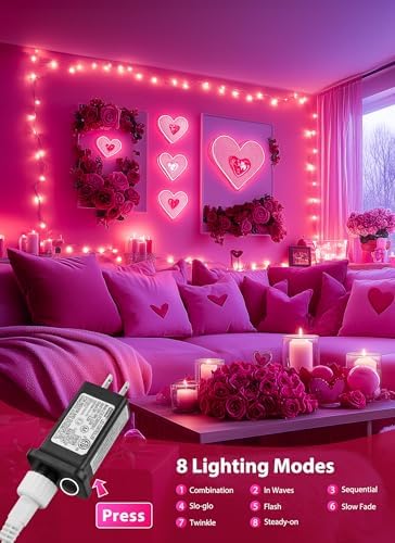 Pink Christmas Mini Lights, 39Feet 100 LED Pink String Light with 8 Lighting Modes, Connectable Valentine's Lights for Indoor Outdoor Valentine's Day Garland Wreath Holiday Decoration, White Wire