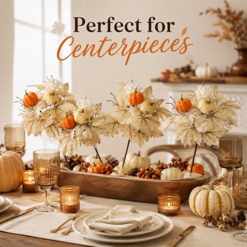 6 Pcs Fall Pumpkin Floral Picks, Artificial Maple Leaf Berry Stems, Thanksgiving Wreath Centerpiece Vase DIY Decorations