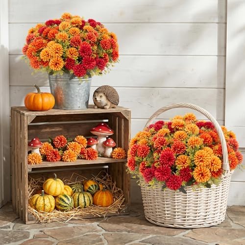 24 Pcs Artificial Mums Flowers for Outdoor, UV Resistant Fake fall Chrysanthemums Marigold Plant, Autumn Floral Arrangements for Outside, Garden, Yard (24, Orange, Burnt Orange, Red, Burgundy)