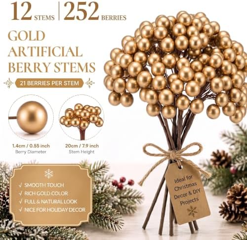 Thiccywoov 12 Pack Artificial Gold Berry Cluster Picks for Christmas Tree