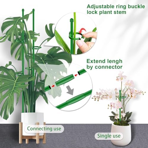 6Pcs Plant Support Stakes 17 inch SupKing Garden Orchid Sticks Extended to 3ft 4ft 5ft Plant Poles with Clips for Indoor Outdoor Potted Tomato Rose Amaryllis Vegetables Comes with 20 Ties（Green）