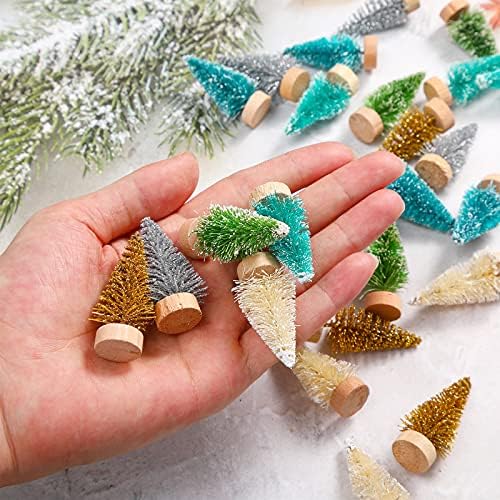 Sumind 24 Pcs Mini Christmas Bottle Brush Trees Craft Miniature Tiny Sisal Trees with Wooden Base Christmas Winter Snow Tabletop for Crafts Display Decor(Aquamarine Blue)