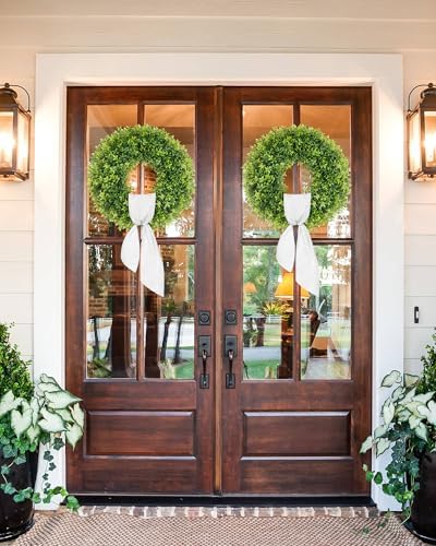 22 Inch Artificial Boxwood Wreaths for Front Door with Sash Outdoor Summer Wreath for Front Door, Spring Green Wreath UV Resistant Waterproof for Wall Window Porch Farmhouse Wedding Year Round