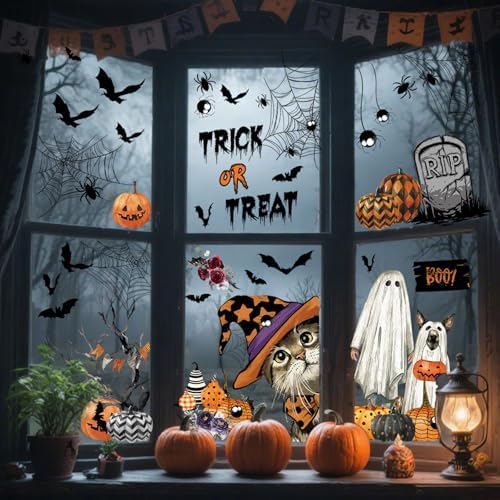 AhfuLife 60Pcs Halloween Window Clings, 9 Sheets Reusable Halloween Ghost Window Stickers Removable Stickers for Kids Home Window Indoor Party Decorations
