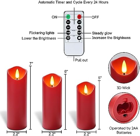 Homemory Christmas Flameless Candles, Battery Operated Candles with Remote Timers, Electric Fake Candles for Home, Christmas Decoration, Made of Plastic, Red/Burgundy, Set of 9