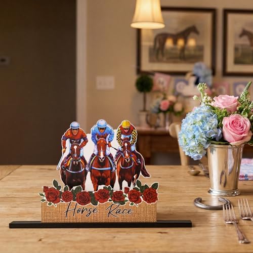 Smile Horse Race Wooden Standing Decor Set, Jockey & Horse Race Rose Themed Tiered Tray Tabletop Signs with Stands for Horse Racing Party Decorations