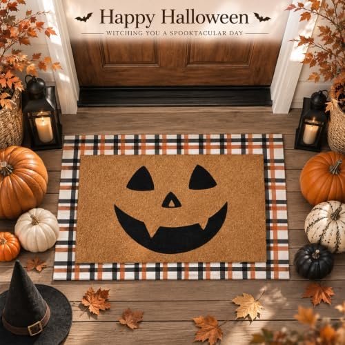 Tinideya 2 Pcs Halloween Layered Doormat Set for Front Porch, Pumpkin Face