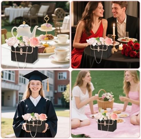 baotongle 6pcs Flower Paper Gift Box Bouquet Storage Bucket Handbag with Metal Chain Flower Boxes for Arrangements Wedding Valentine's Mother's Day Birthday Bridal Shower Black