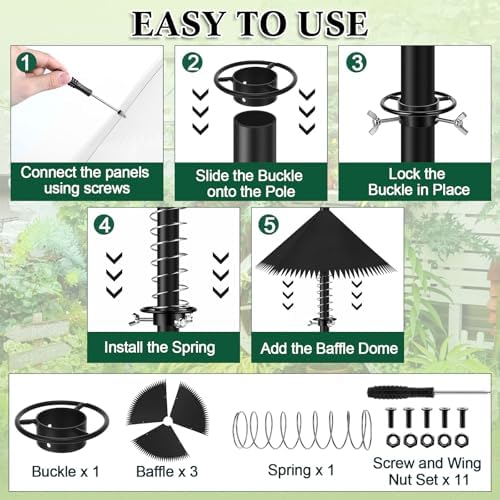 Qualirey 2 Pack Squirrel Baffles for Bird Feeder Poles 19 Inch Extra-Thick Polycarbonate Bird House Guard with Steel Spring Motion for Better Defense, Outdoor Pole Mount Squirrel(Black)