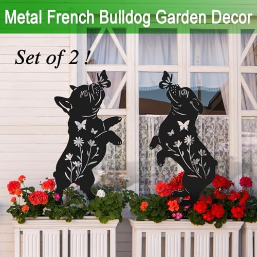 French Bulldog Garden Decor,Metal Black Dog Silhouette Decorative Outside,Yard Art for Outdoor Garden Stakes,Lawn,Pathway,Bulldog Gifts for Dog Lovers
