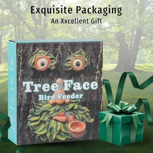 Tree Faces Decor Outdoor with Bird Feeder, Whimsical Tree Art - 8 Inch