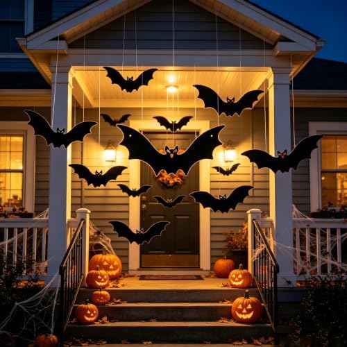 Large Hanging Bats Halloween 3D Yard Outdoor Decoration Outside (12, black)