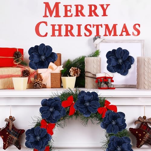 Sggvecsy 10Pcs Christmas Glitter Flowers Velvet Magnolia Flower Christmas Tree Ornaments Artificial Poinsettia Floral Picks for Xmas Wedding DIY Crafts Wreath Party Floral Decorations(Blue)
