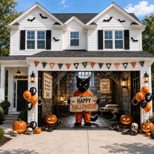 Halloween Garage Door Cover 16x7 FT, Black Cat Prison Halloween Garage Door Decoration, Large Double Garage Banner with Pumpkin Inmate Scene, Outdoor Halloween Decor for Home Yard Party