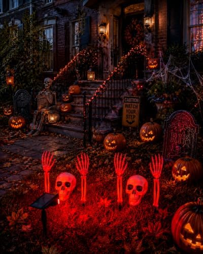 7P Halloween Skeleton Decorations Outdoor with Solar Spotlight, 2 Skull
