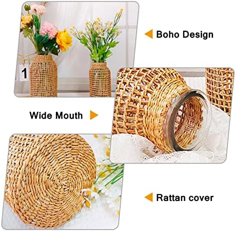 MDEOOSKY Straw Woven Glass Vase 10.23''X3.93''X5.51''Boho Glass Flower Vase Country Rustic Style Vase Glass Vase for Floral Arrangements Bottle Height (B Style 10.23IN)