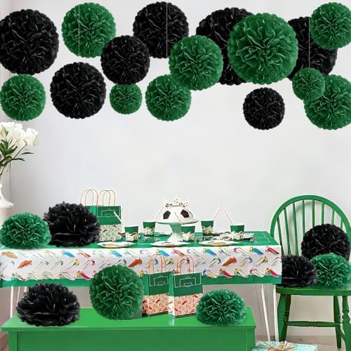 Recosis Black Green Party Decorations, 18 Pcs Paper Pom Poms Decorations