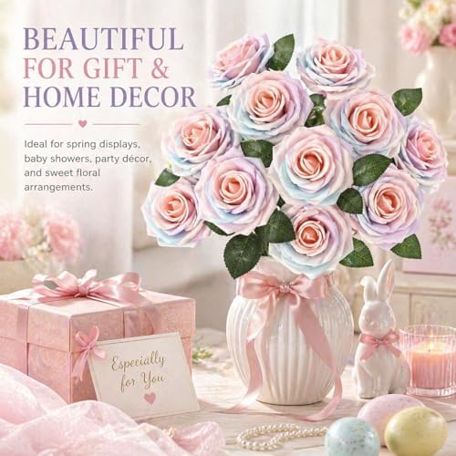 60PCS Light Rainbow Artificial Roses with Stems, Real Touch Foam Flowers