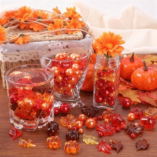 Fall Vase Filler for Thanksgiving Decorations 130 Pcs Acrylic Pumpkin Leaves Maple Leaves Acorn Pearls Beads Vases for Centerpiece, Thanksgiving Table Decorations Vase Fillers for Centerpieces