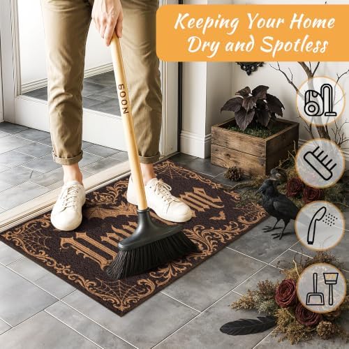 Halloween Front Door Mat Gothic Bat Skull Doormat with Unwelcome Design