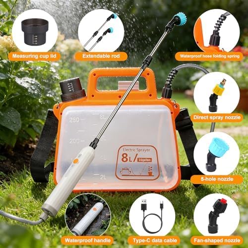 2.1 Gallon Battery Powered Sprayer, Upgraded Electric Weed Sprayer with USB Rechargeable Handle, Retractable Wand, 3