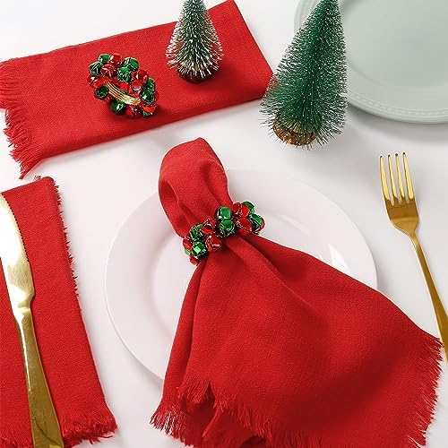 Christmas Napkin Rings Set of 8, Bells Napkin Rings with Green and Red Bell Gold Buckles for Table Decor, Weddings, Parties