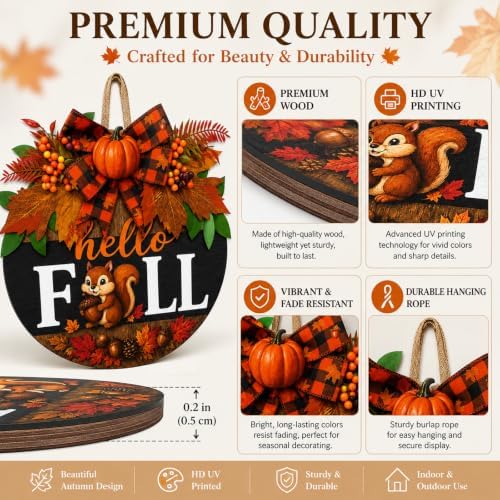 Fall Wreaths for Front Door Hello Fall Squirrel Door Hanger Thanksgiving Decor (Cute Hello Fall)