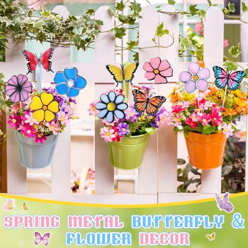 10 Pcs Metal Flower Garden Stake for Outside Outdoor 11.8" 5D Summer Flowers Butterfly Metal Sign Waterproof Decoration Landscape Ornament for Lawn Yard Garden Patio Porch Art
