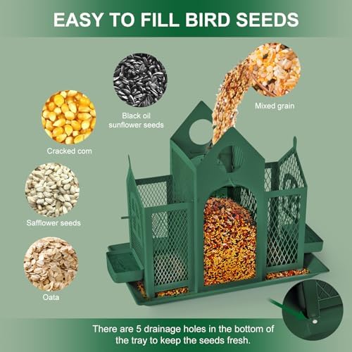 Solar Bird Feeder House for Outside Hanging, Large Capacity Birdhouse Bird Feeders Hanging for Outdoors, Metal Mesh Wild Birdfeeder for Finch Cardinal (Green and Black)