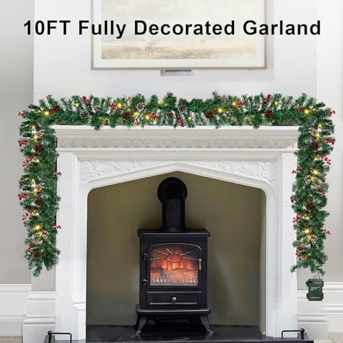 10Ft Christmas Garland with 50 LED Lights - 3 Pack Pre-lit Outdoor Xmas Garland with Timer - Pine Garland with Red Berries Snow Pine Cones - 10 Foot by 10 Inch