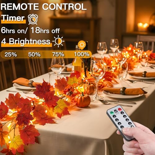 suddus 20 LED Fall Leaves Garland with Lights Battery Operated Timer Orange