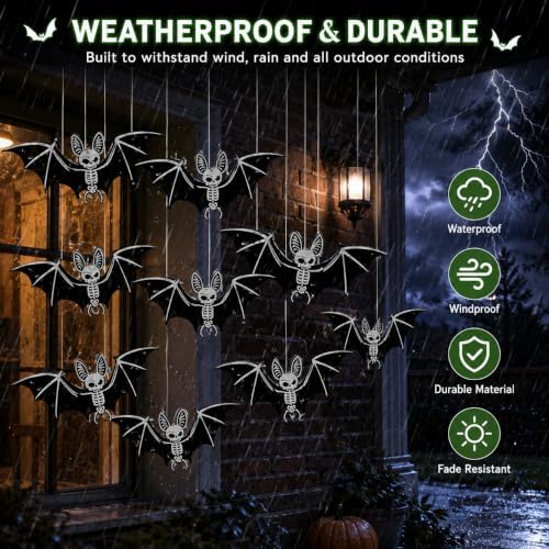 10PCS Glow-in-the-Dark Hanging Bats for Halloween