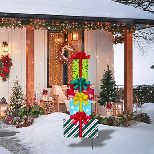 Afirst Christmas Yard Sign Stakes 4PCS Stacked Box Outdoor Decor