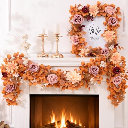 Waipfaru 2Pcs Fall Garland, 11Ft Eucalyptus Garland with Flowers