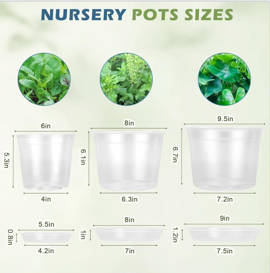 6/8/10 Inch Large Size Clear Nursery Pots with Drainage and Saucers, 9 Pack Plastic Plant Pots for Seedling Starter