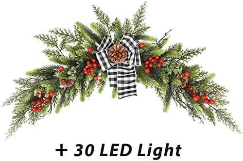 DearHouse 28inch Artificial Christmas Swag,Christmas Wreath with Wintry Pine Collection and 30 LED Lights for Christmas Holiday Home Decor