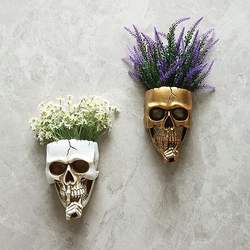 Dolkgy Skull Wall Planter for Indoor Outdoor Plants, Hanging Skull Vase Unique Face Flower Pot Head Planters, White Resin Skeleton Gothic Planter for Home Decorations