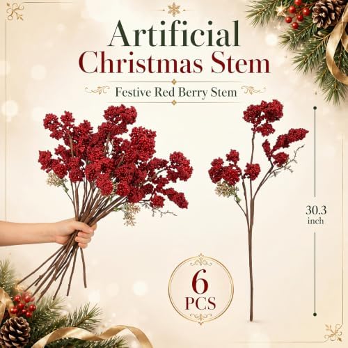 Wavwavw 12 Pcs Artificial Christmas Red Berries Norfolk Picks, 24.8" Stems